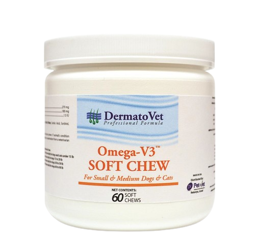 Dermatove Omega V3 Soft Chew – אומגה 3 בטבליות לעיסה בבקבוק לבן עם תווית כחולה, מכיל DHA ו-EPA יחד עם ויטמינים A ו-D3, 60 טבליות.
