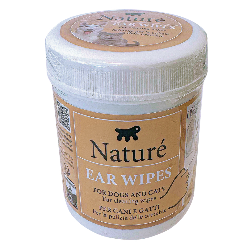 Naturé Ear Wipes Ferplast לכלבים וחתולים ללא בישום, ניקוי אוזניים עדין והסרת לכלוך ועווה, 50 מגבונים, מתאים גם לבעלי עור רגיש