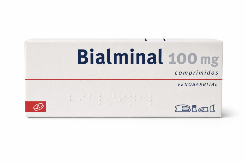 Box of Bialminal 100 mg tablets with blue text, red line, and a small red logo; Phenobarbital labeled on the package, brand Bial.