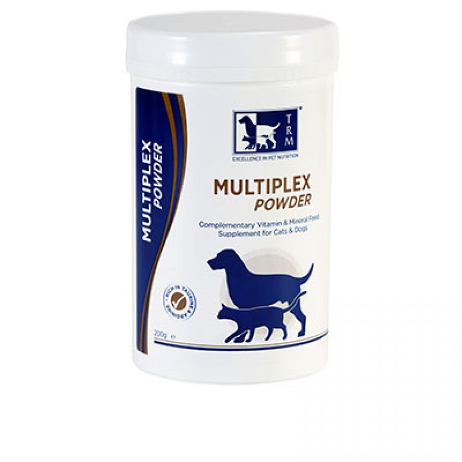 מולטיפלקס Powder 200g TRM תוסף תזונה מקיף לכלבים וחתולים עם ויטמינים ומינרלים, תומך בריאות העור והפרווה, תפקוד מערכת העוסקים בעצבים ובמערכת החיסונית