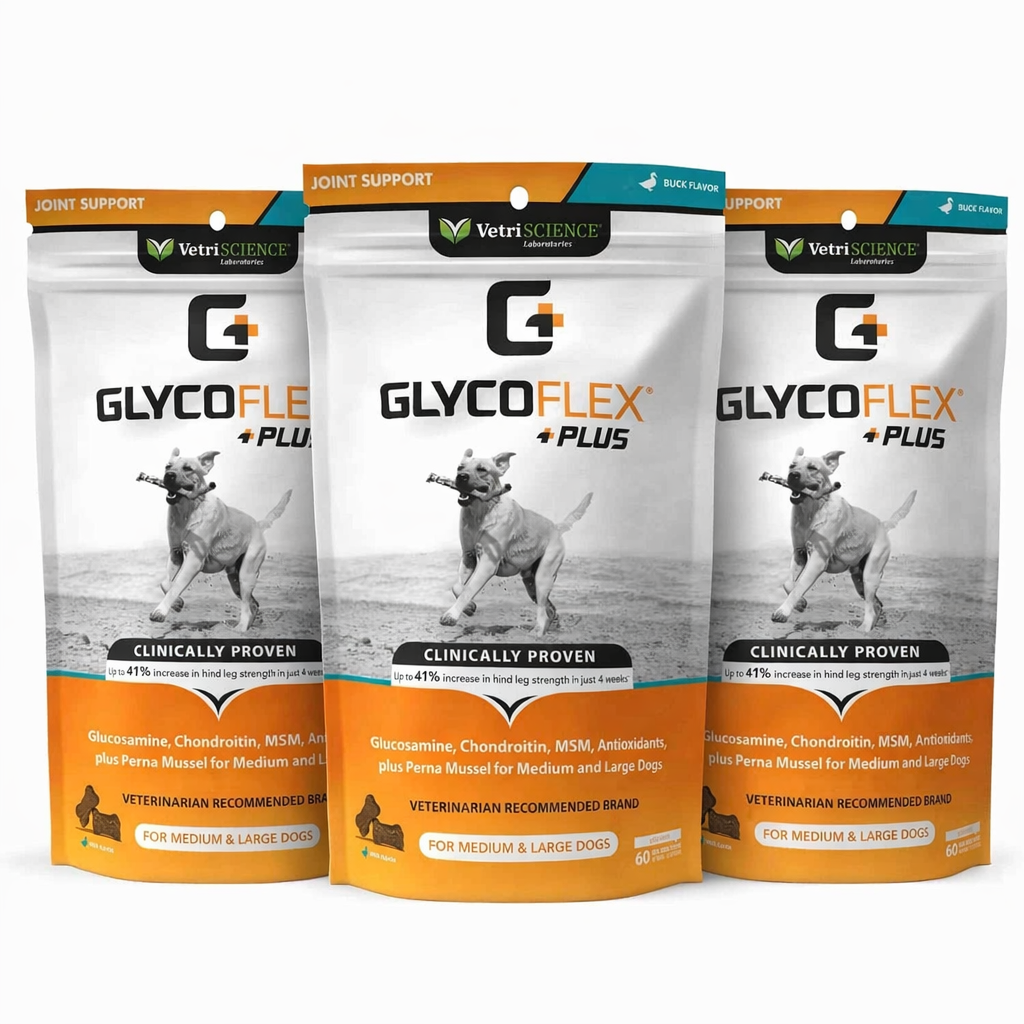 GlycoFlex Plus בטעם ברווז עבור תוספת מפרקים לכלבים, שלישייה מוצגת באריזה אכילה, מרכיבים כמו גלוקוזאמין הידרוכלוריד, MSM ופרנה canaliculus תומכים בגמישות ותנועתיות